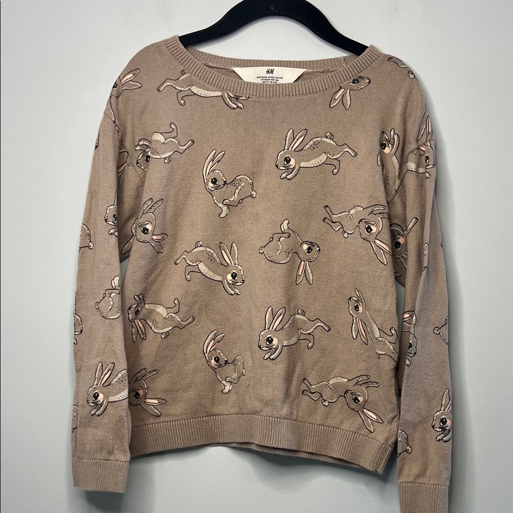 H&M Kids Brown Tan Rabbit Print Crewneck Cozy Sweater Unisex Size 5T